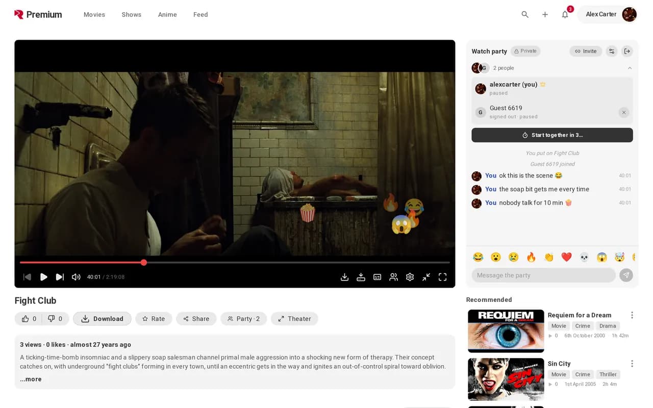 Emoji reactions floating over the film in a watch party
