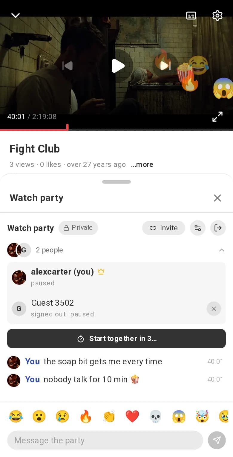Emoji reactions floating over the film in a watch party